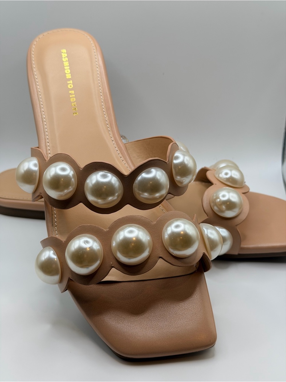 Fashion to Figure Tan Pearl-Embellished Slide Mules